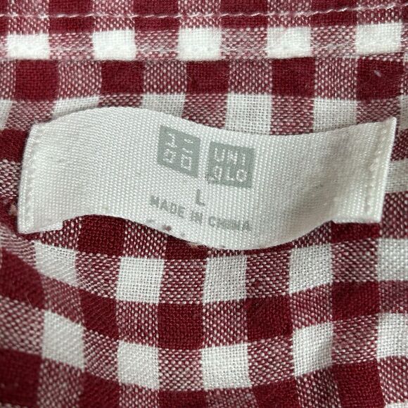 Uniqlo Shirt Men’s Large Red White Checkered 100% Linen Pocket Casual Summer - Picture 8 of 10